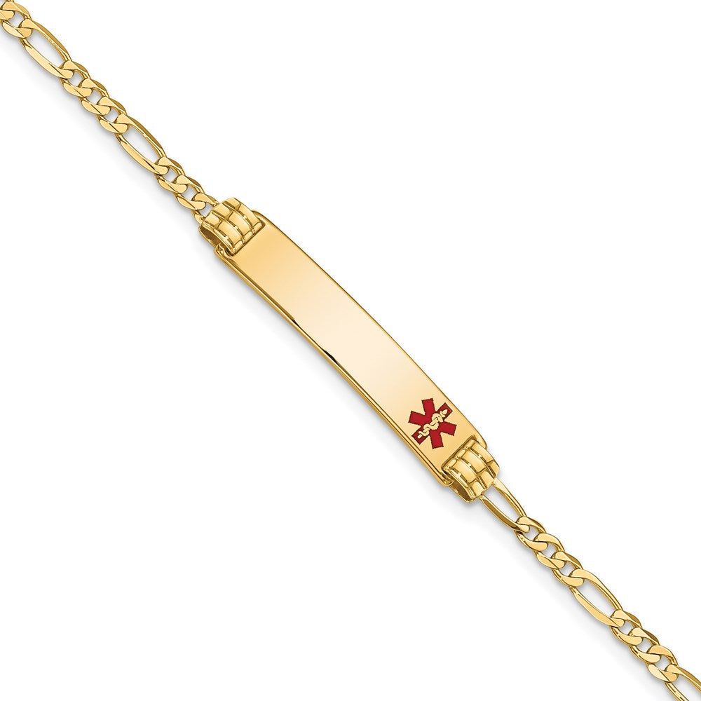 Solid 14K Yellow Gold Medical Red Enamel Figaro ID Bracelet