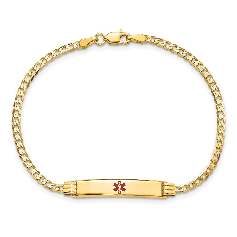 Solid 14K Yellow Gold Medical Red Enamel Curb Link ID Bracelet