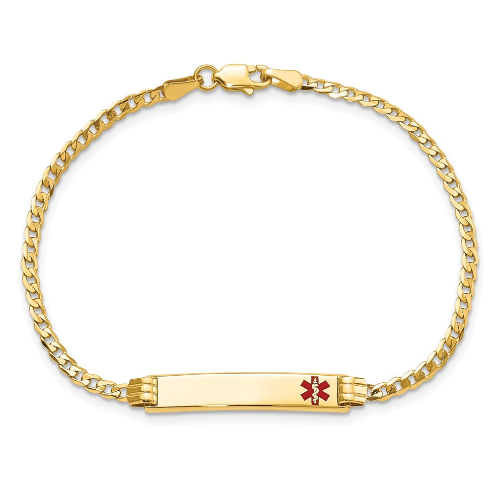 Solid 14K Yellow Gold Medical Red Enamel Curb Link ID Bracelet