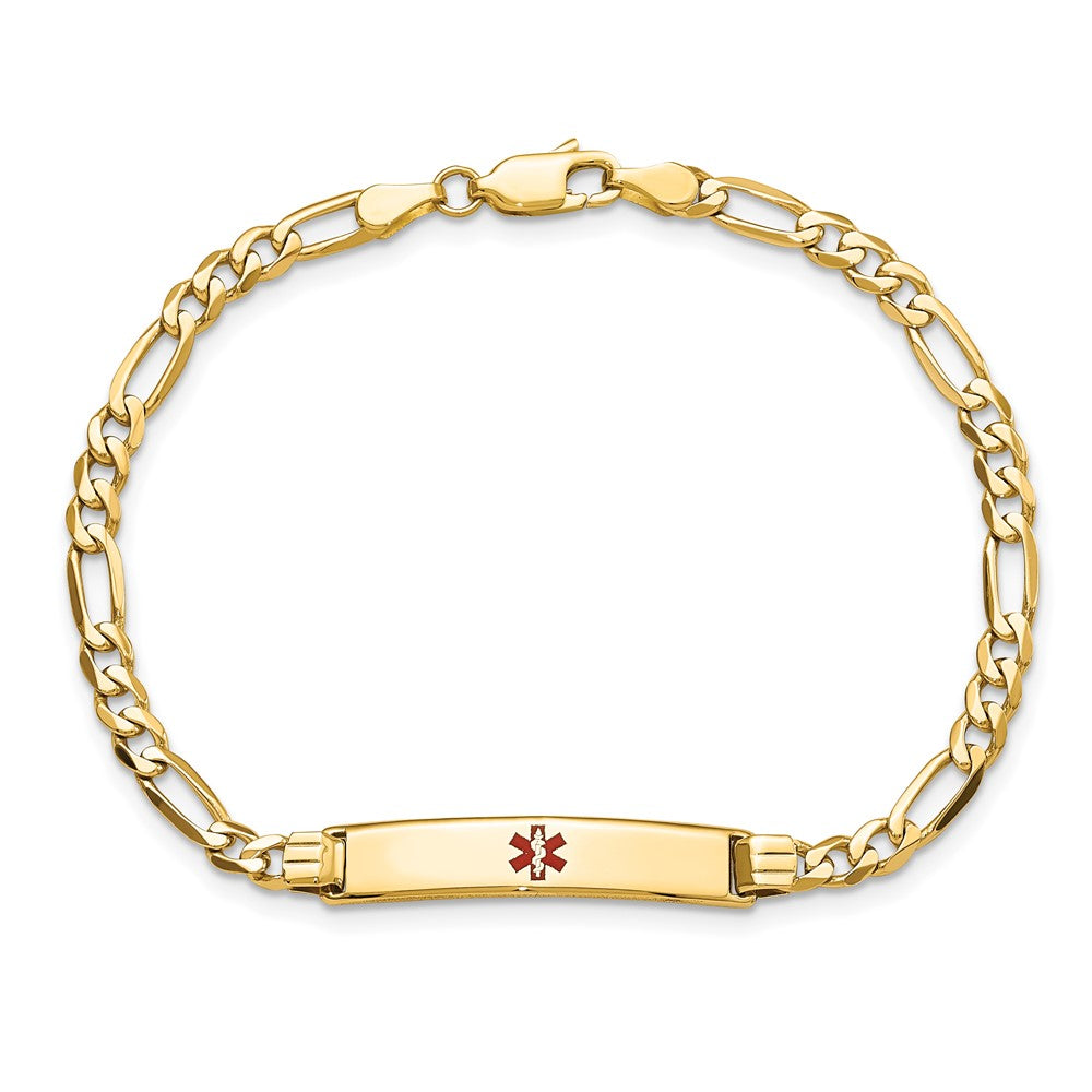 Solid 14K Yellow Gold Medical Red Enamel Figaro ID Bracelet