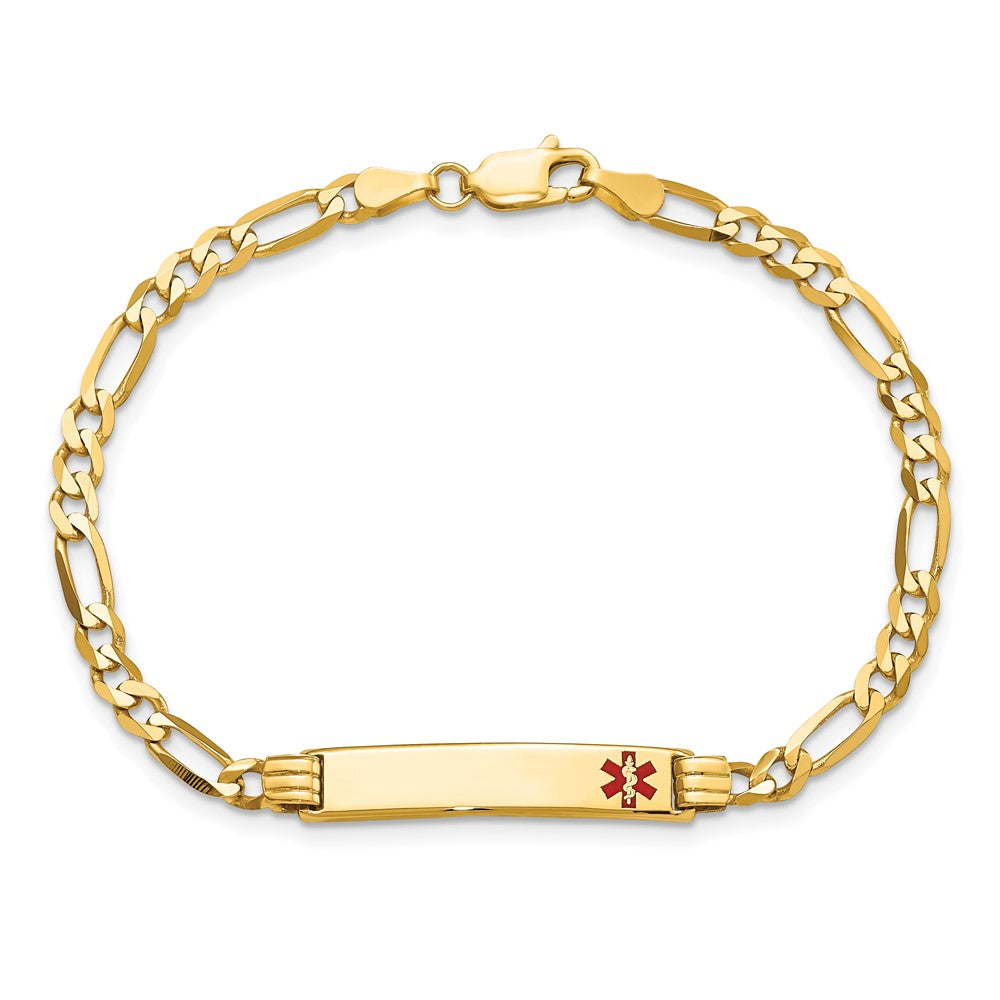 Solid 14K Yellow Gold Medical Red Enamel Figaro ID Bracelet