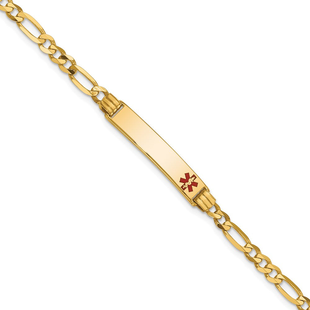 Solid 14K Yellow Gold Medical Red Enamel Figaro ID Bracelet