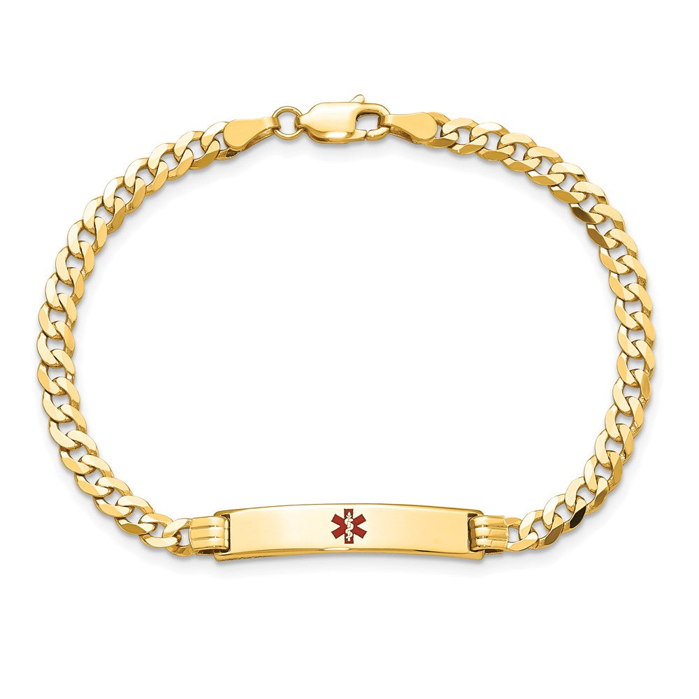 Solid 14K Yellow Gold Medical Red Enamel Curb Link ID Bracelet