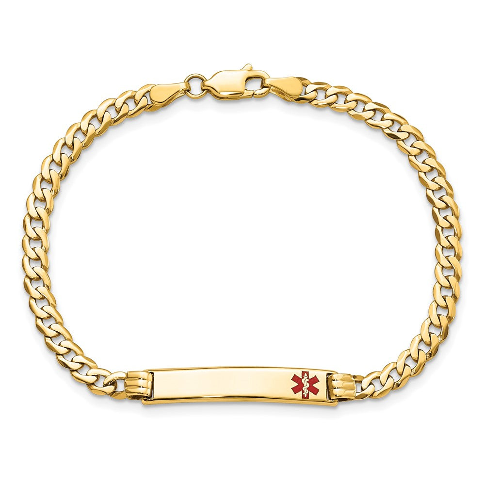 Solid 14K Yellow Gold Medical Red Enamel Curb Link ID Bracelet