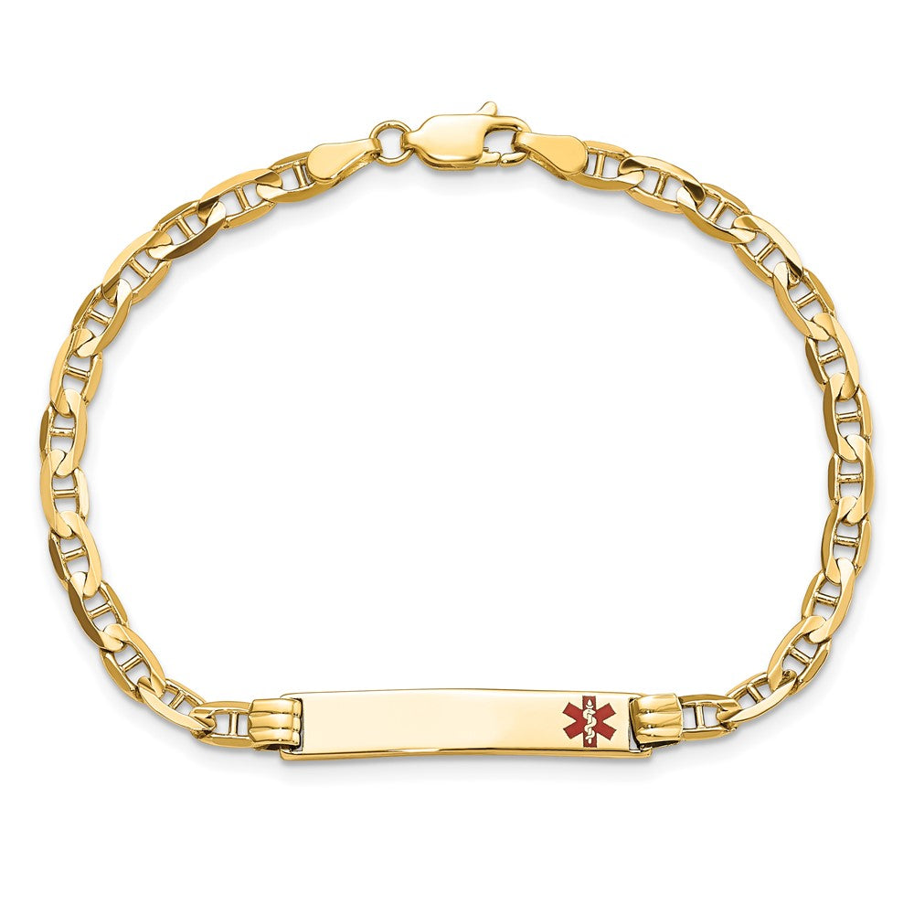 Solid 14K Yellow Gold Medical Red Enamel Anchor Link ID Bracelet