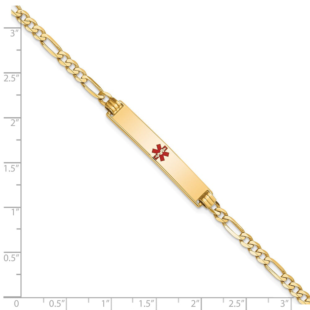 Solid 14K Yellow Gold Medical Red Enamel Flat Figaro Link ID Bracelet