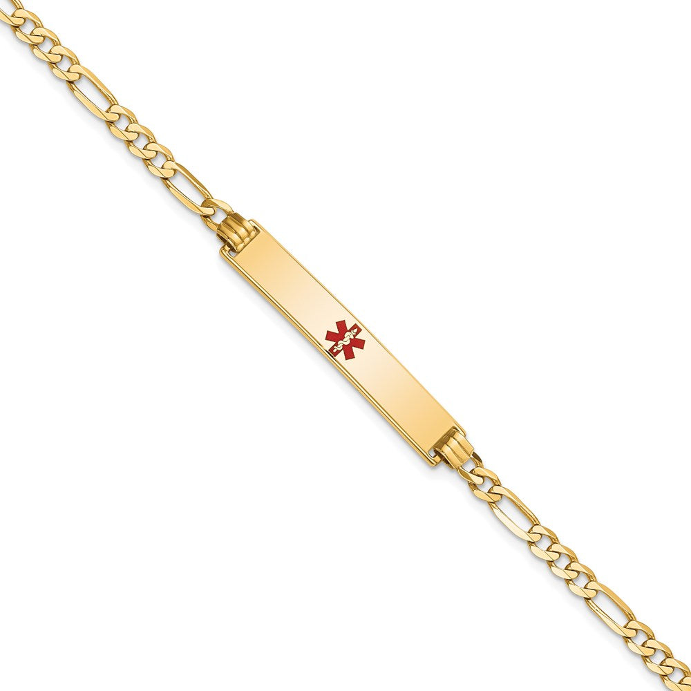 Solid 14K Yellow Gold Medical Red Enamel Flat Figaro Link ID Bracelet