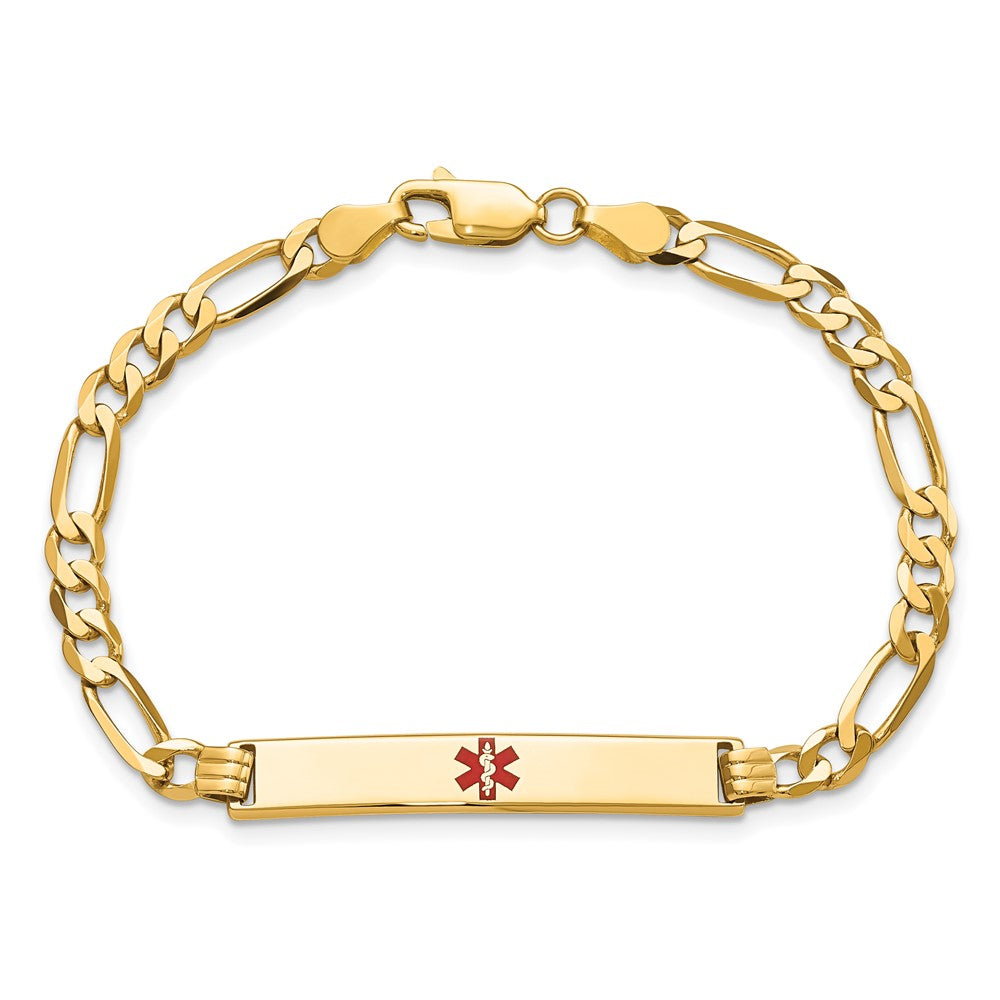 Solid 14K Yellow Gold Medical Red Enamel Flat Figaro Link ID Bracelet