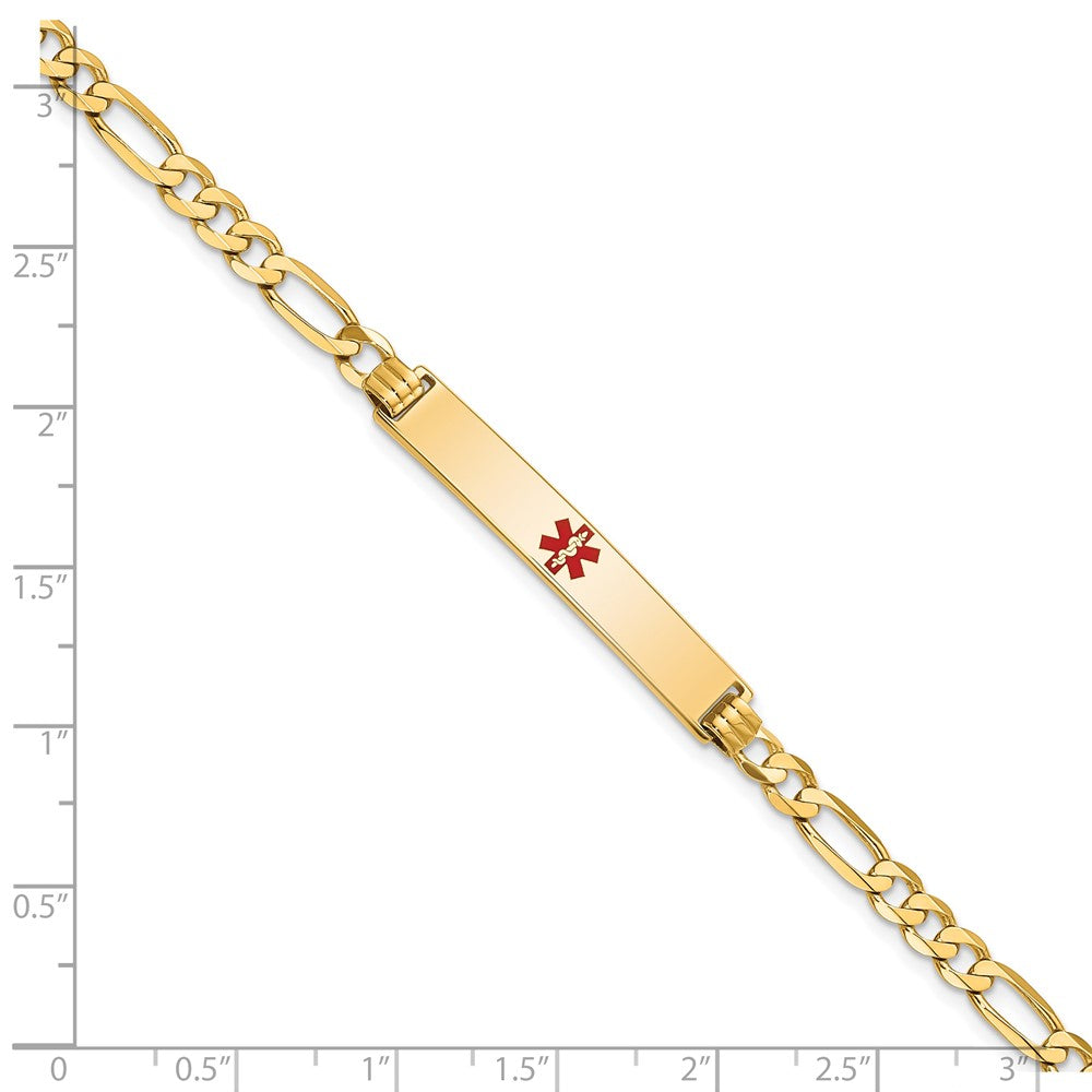 Solid 14K Yellow Gold Medical Red Enamel Flat Figaro Link ID Bracelet