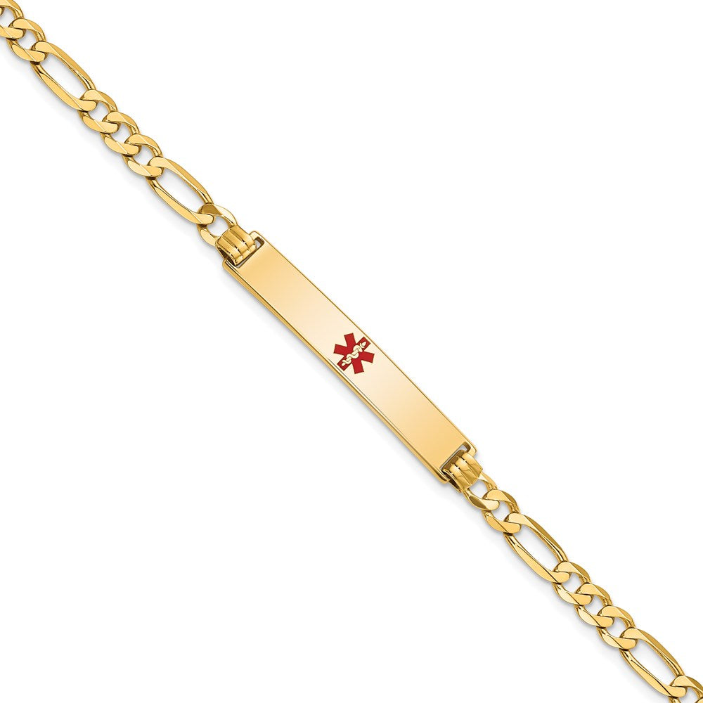 Solid 14K Yellow Gold Medical Red Enamel Flat Figaro Link ID Bracelet