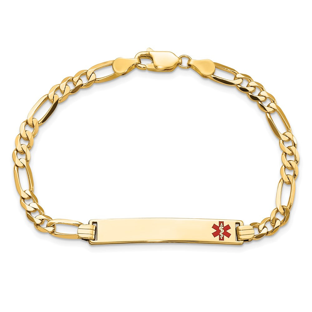 Solid 14K Yellow Gold Medical Red Enamel Flat Figaro Link ID Bracelet