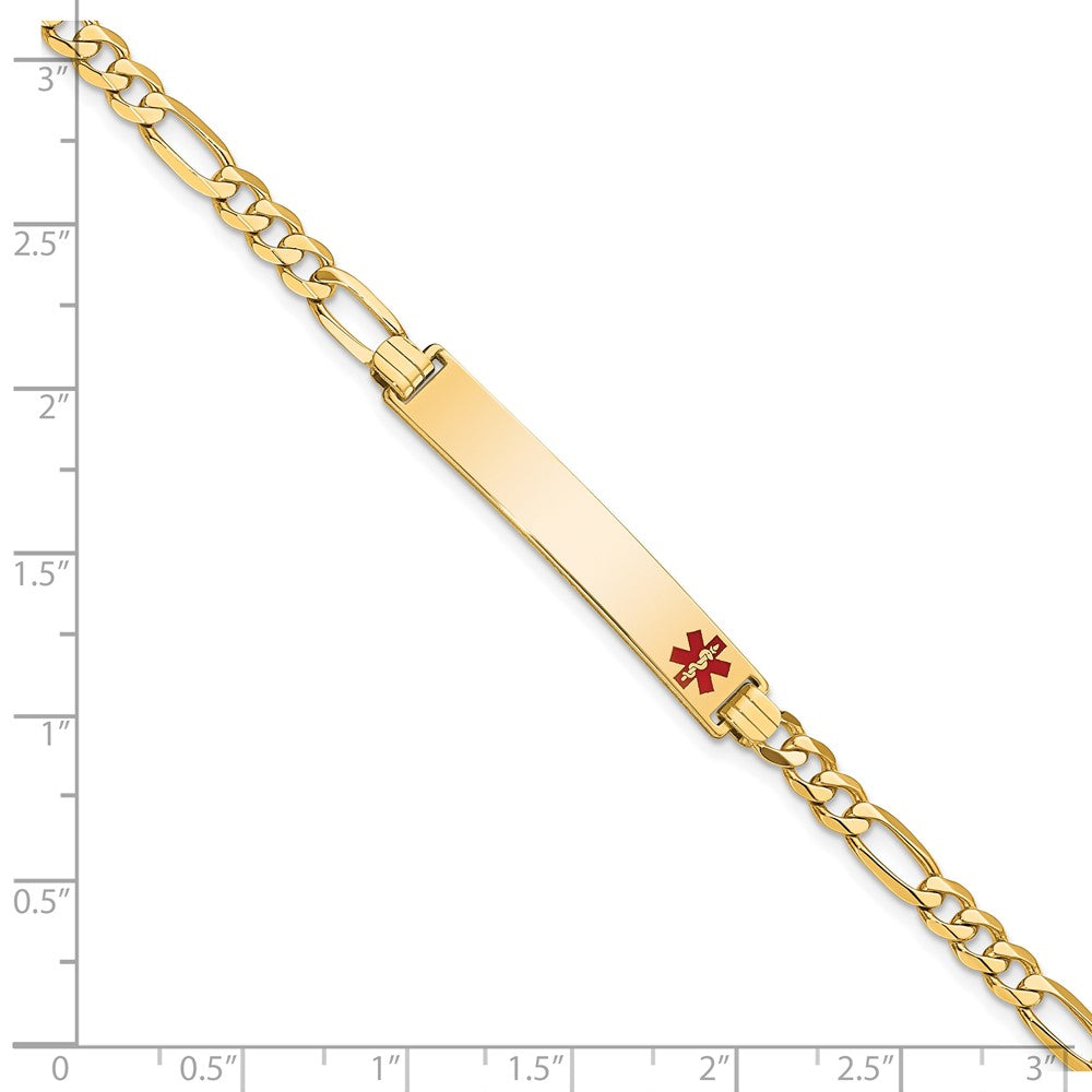 Solid 14K Yellow Gold Medical Red Enamel Flat Figaro Link ID Bracelet