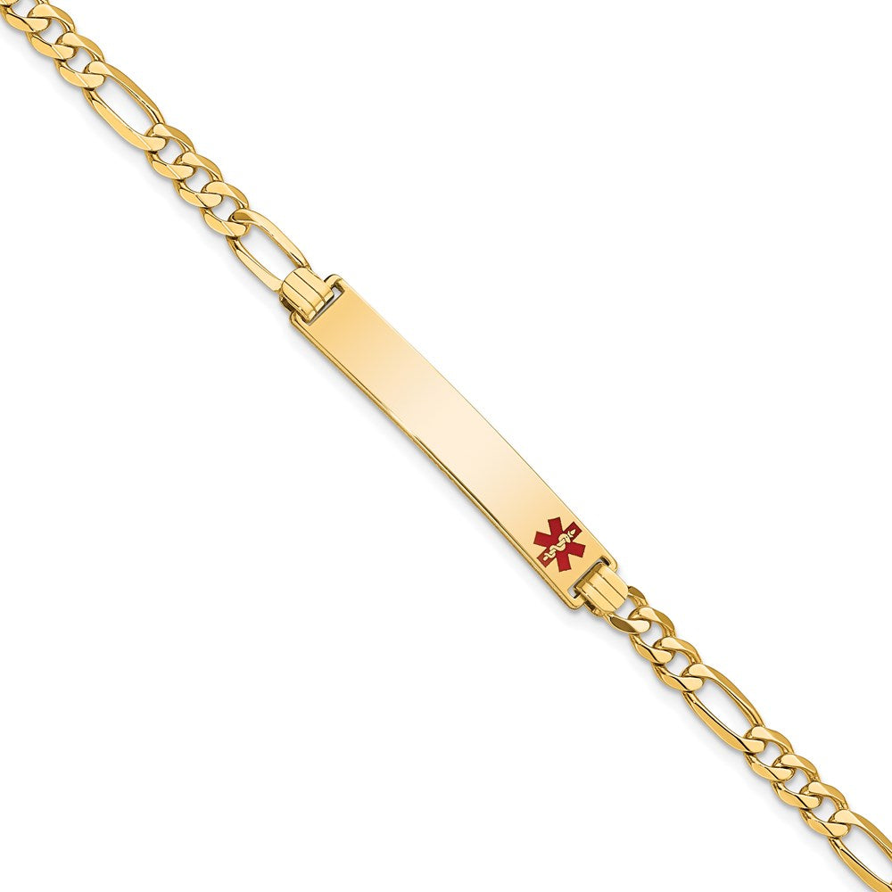 Solid 14K Yellow Gold Medical Red Enamel Flat Figaro Link ID Bracelet