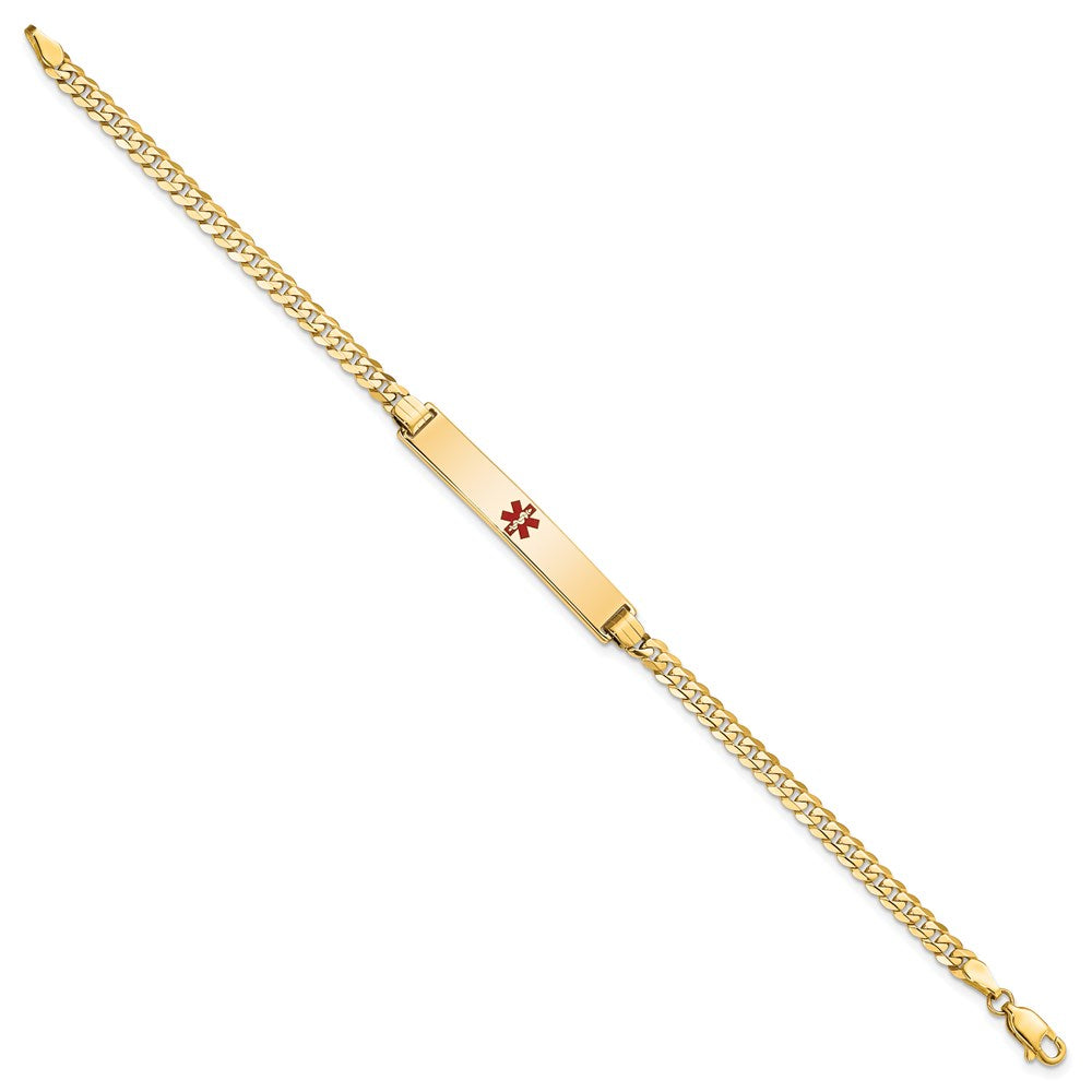 Solid 14K Yellow Gold Medical Red Enamel Flat Curb Link ID Bracelet