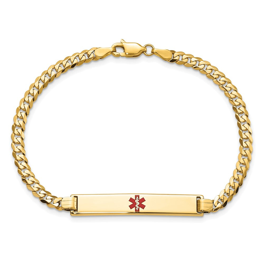 Solid 14K Yellow Gold Medical Red Enamel Flat Curb Link ID Bracelet