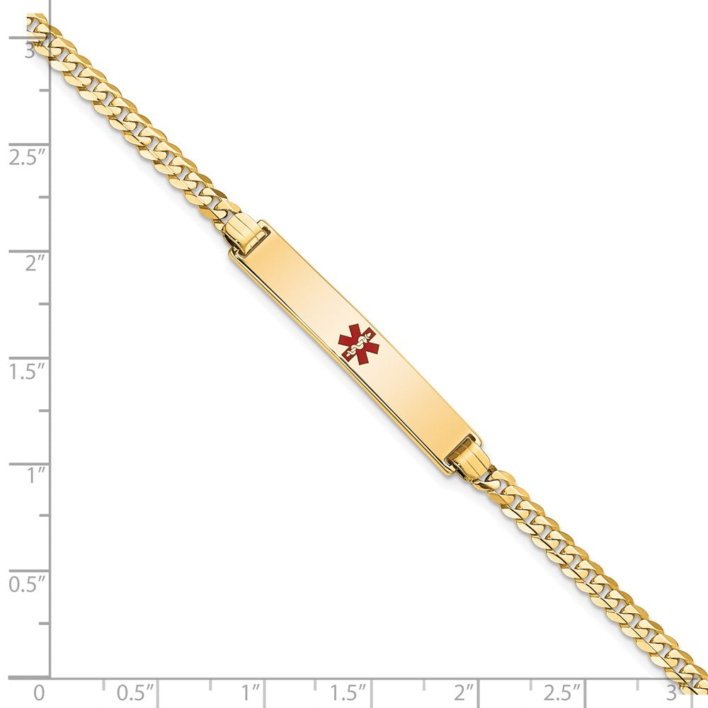 Solid 14K Yellow Gold Medical Red Enamel Flat Curb Link ID Bracelet