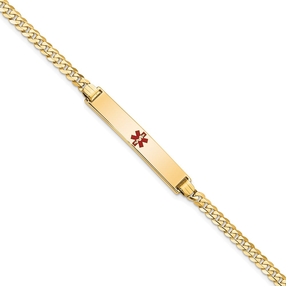 Solid 14K Yellow Gold Medical Red Enamel Flat Curb Link ID Bracelet