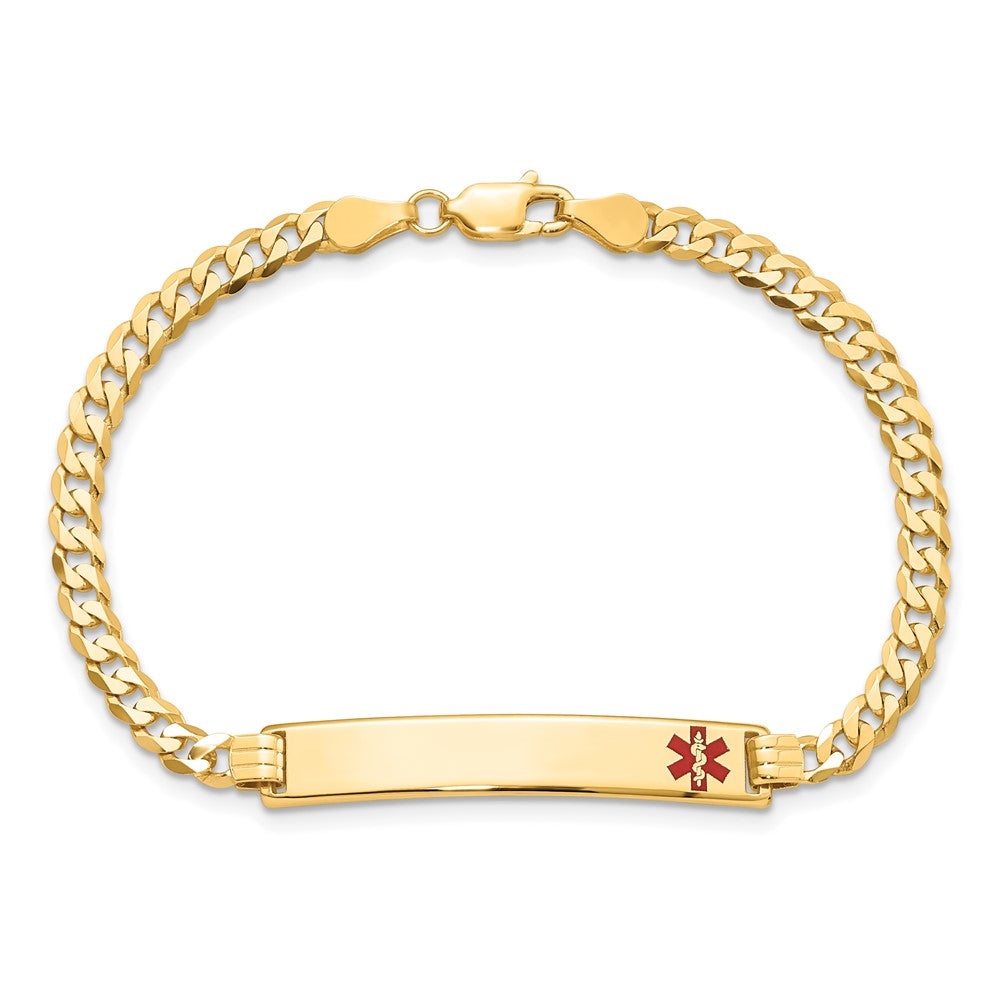 Solid 14K Yellow Gold Medical Red Enamel Flat Curb Link ID Bracelet