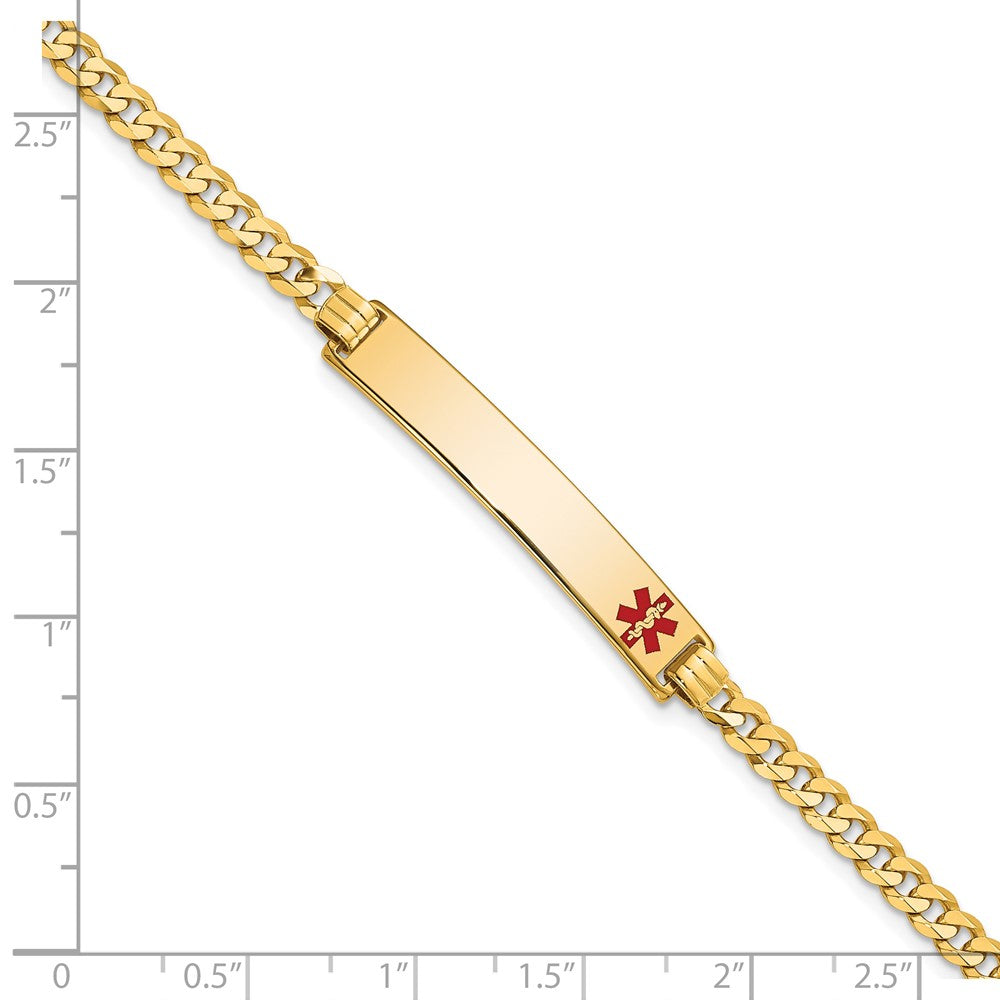 Solid 14K Yellow Gold Medical Red Enamel Flat Curb Link ID Bracelet