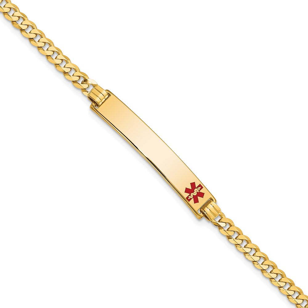 Solid 14K Yellow Gold Medical Red Enamel Flat Curb Link ID Bracelet