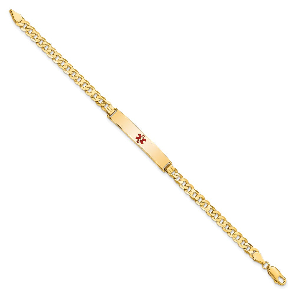 Solid 14K Yellow Gold Medical Red Enamel Flat Curb Link ID Bracelet