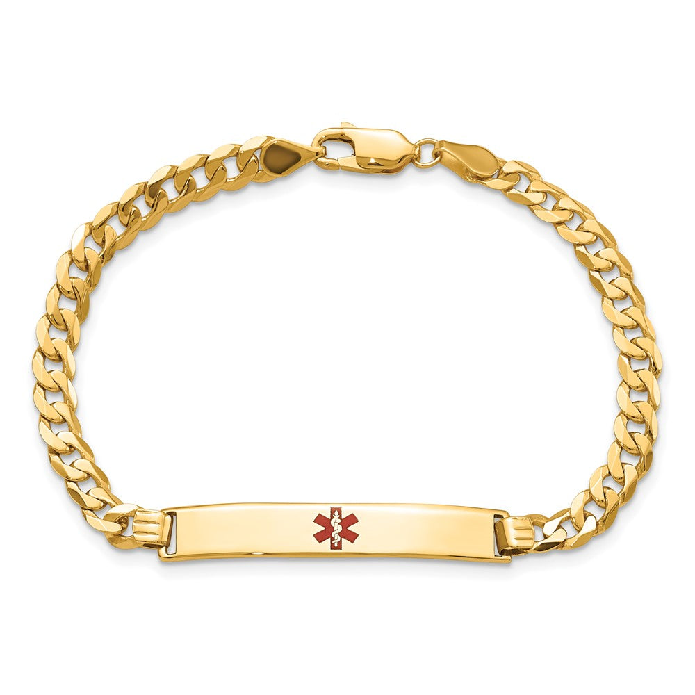 Solid 14K Yellow Gold Medical Red Enamel Flat Curb Link ID Bracelet