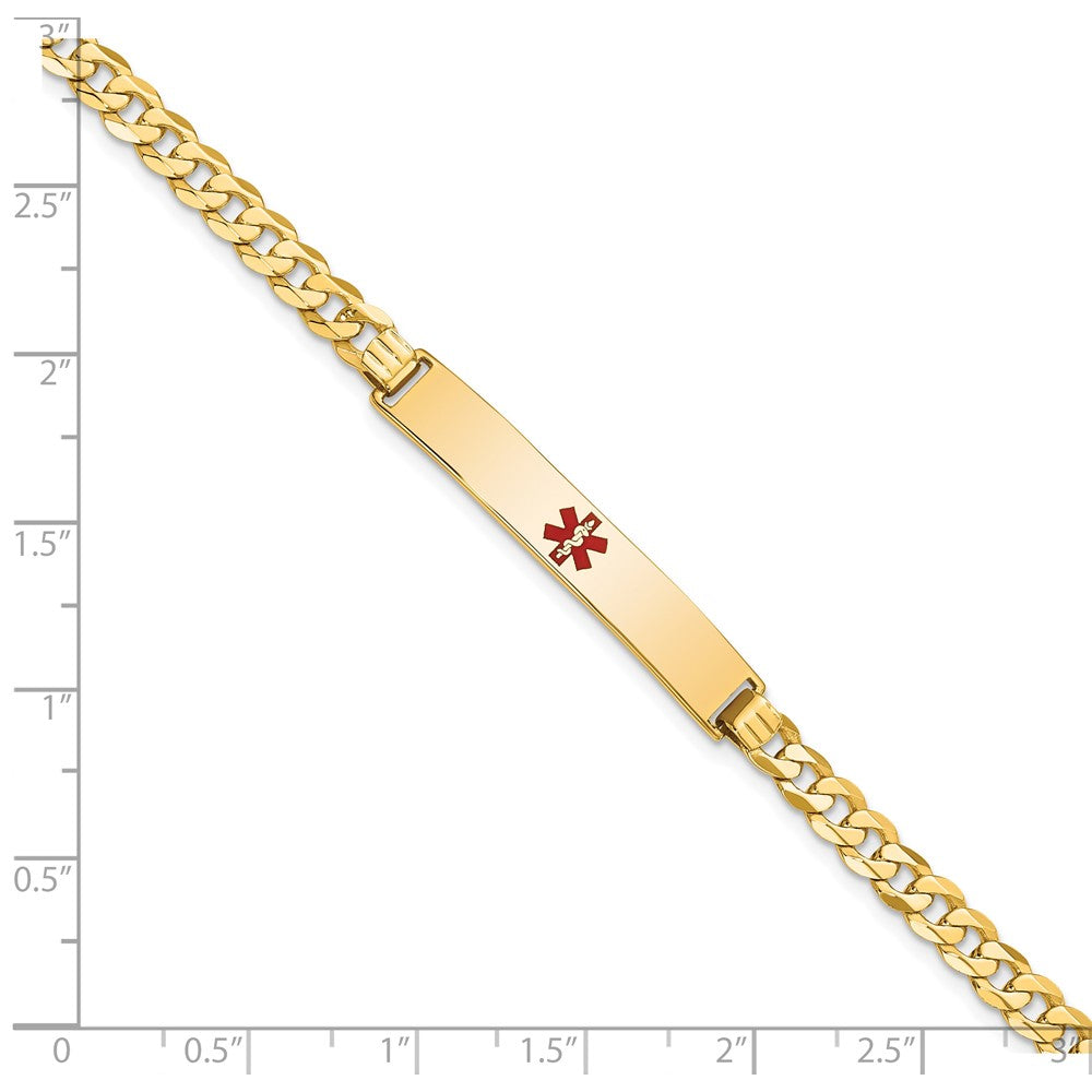 Solid 14K Yellow Gold Medical Red Enamel Flat Curb Link ID Bracelet