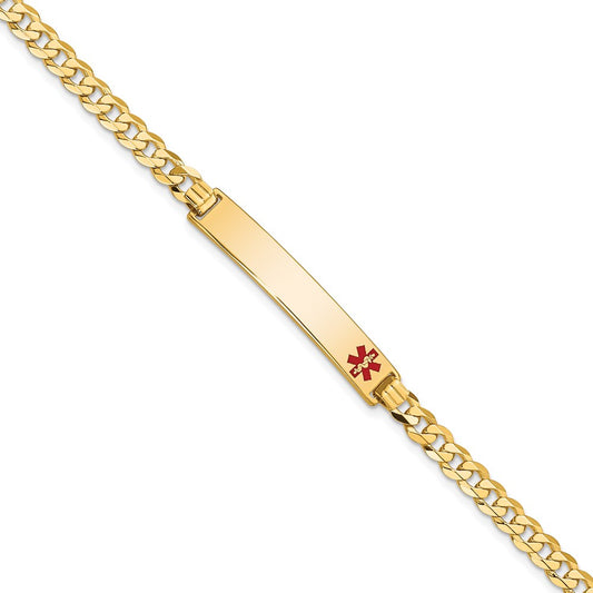 Solid 14K Yellow Gold Medical Red Enamel Flat Curb Link ID Bracelet