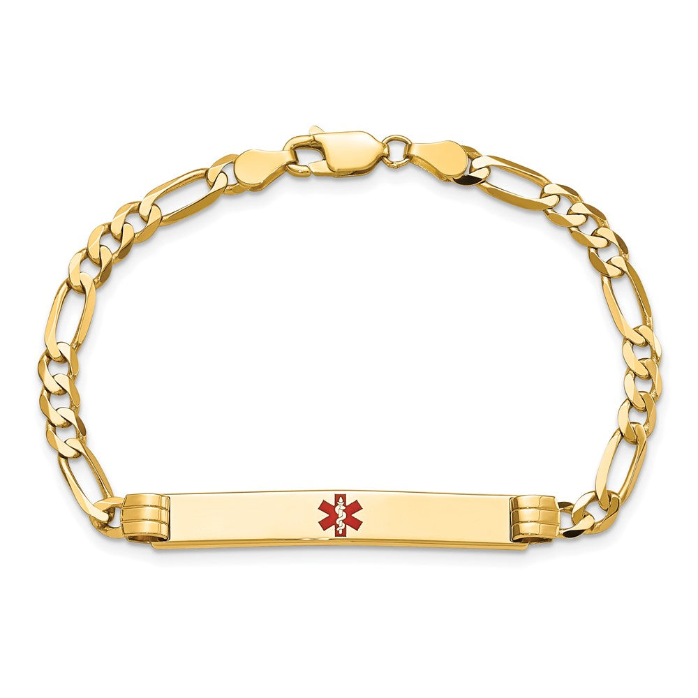 Solid 14K Yellow Gold Medical Red Enamel Figaro ID Bracelet