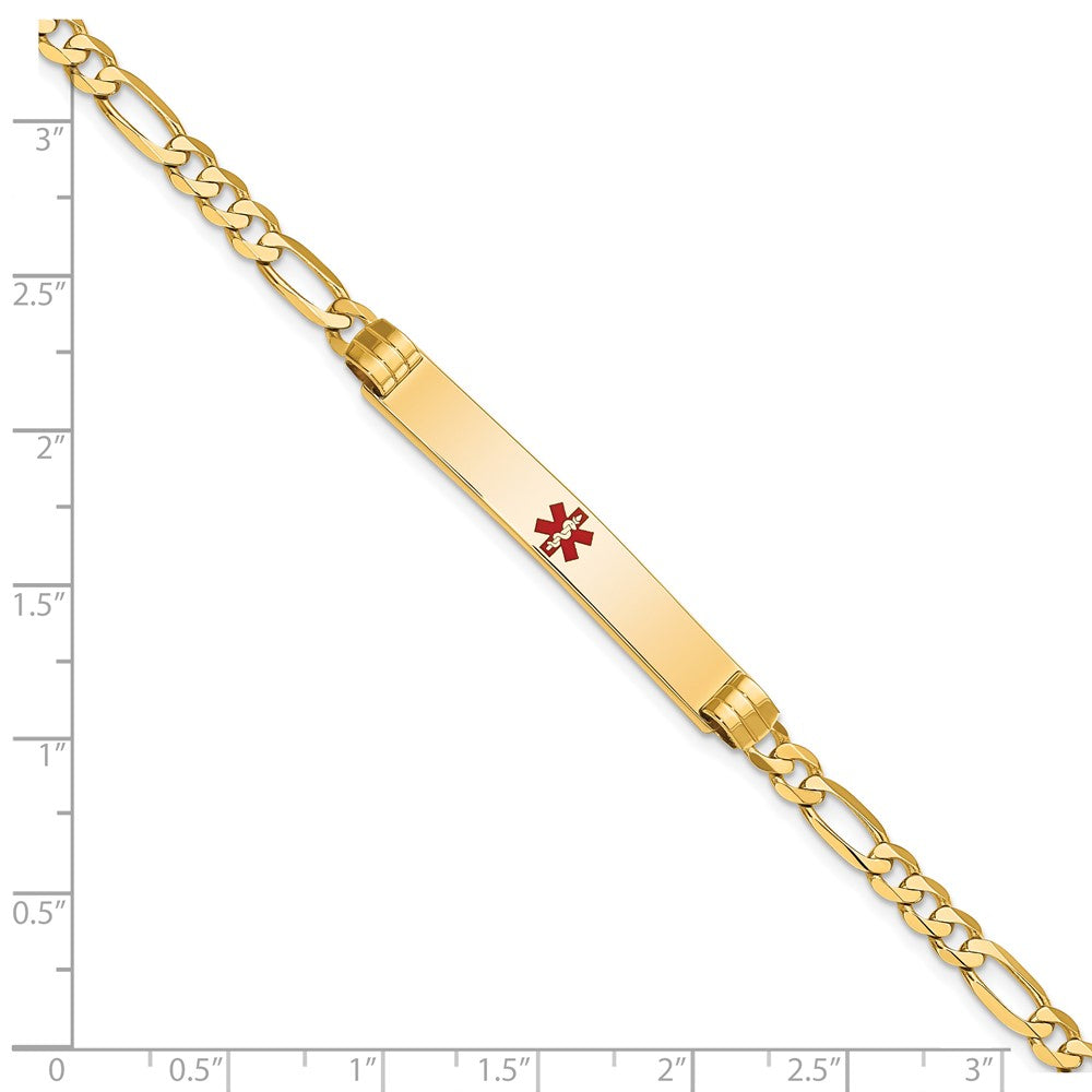 Solid 14K Yellow Gold Medical Red Enamel Figaro ID Bracelet