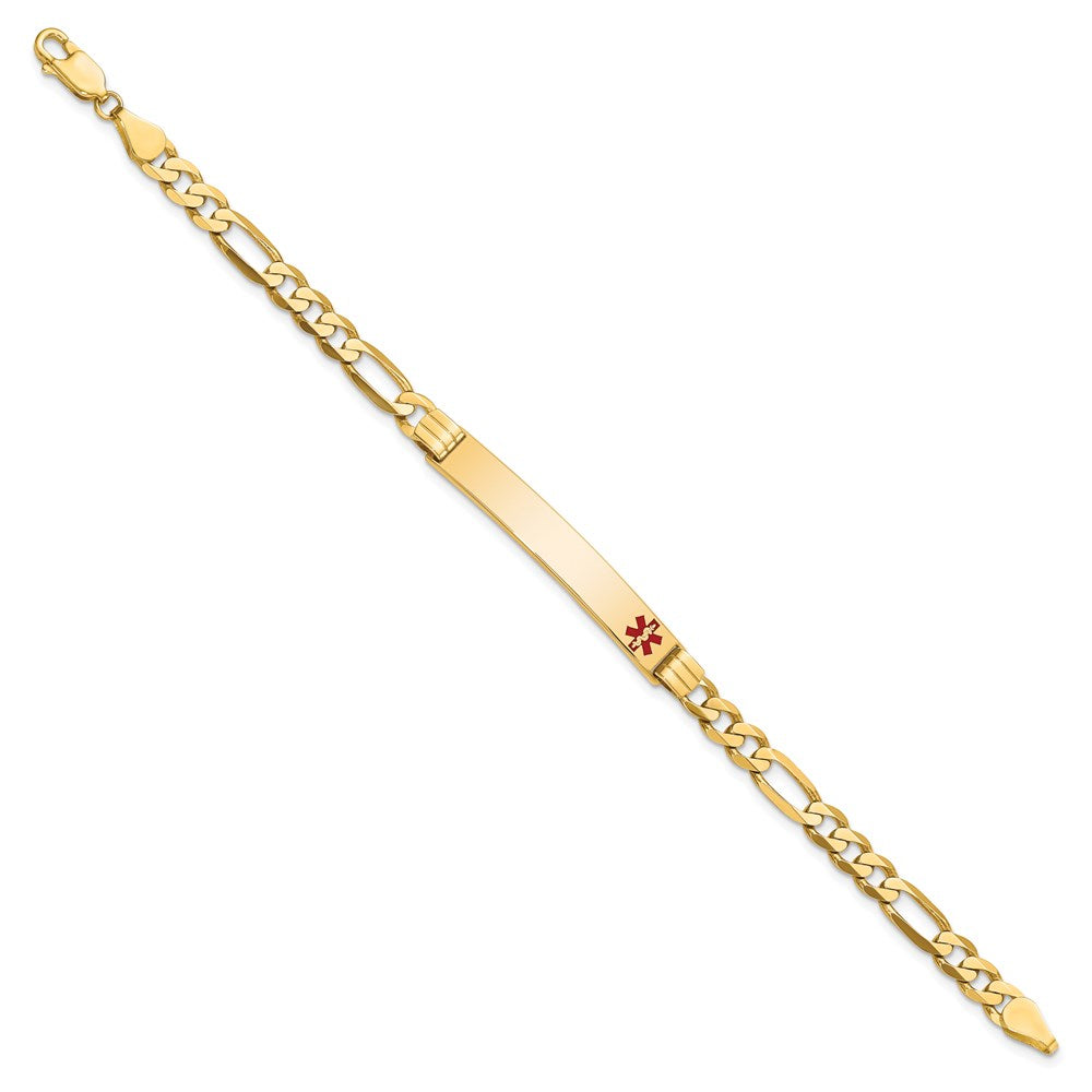 Solid 14K Yellow Gold Medical Red Enamel Flat Figaro Link ID Bracelet