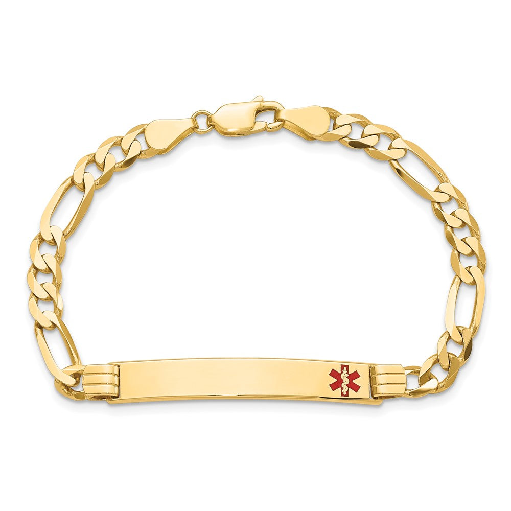 Solid 14K Yellow Gold Medical Red Enamel Flat Figaro Link ID Bracelet