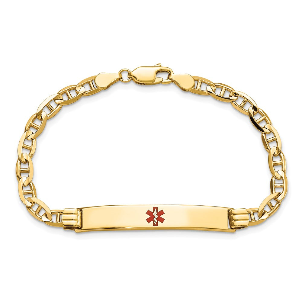 Solid 14K Yellow Gold Medical Red Enamel Anchor Link ID Bracelet