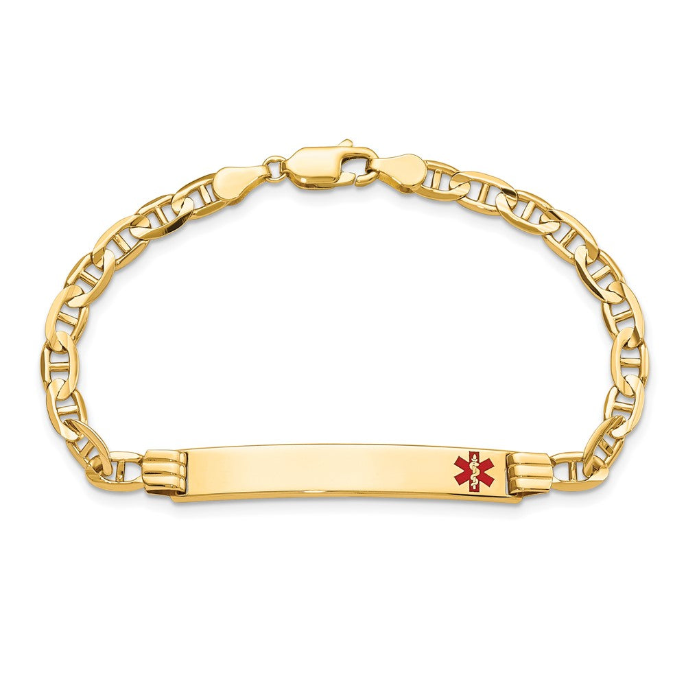 Solid 14K Yellow Gold Medical Red Enamel Anchor Link ID Bracelet