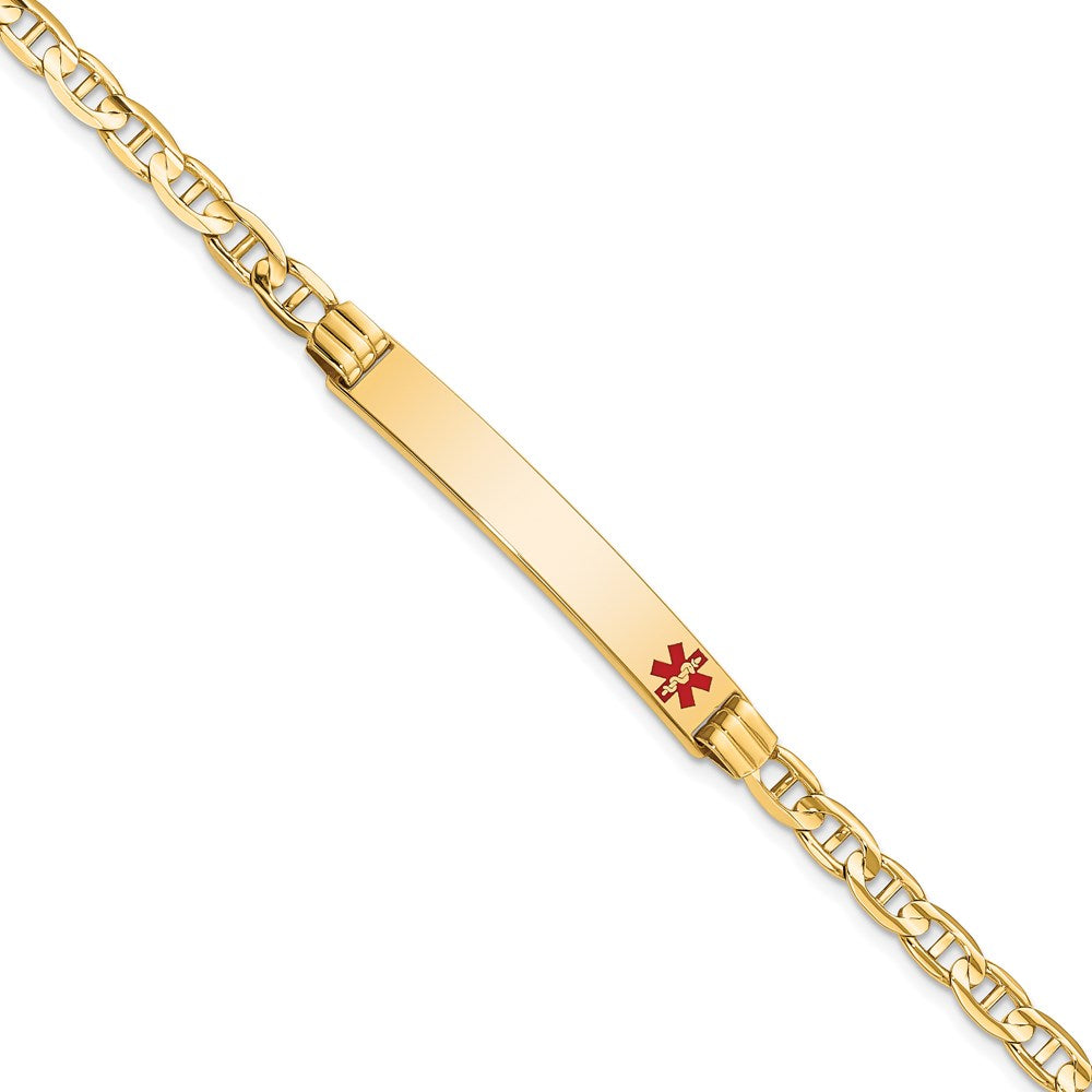 Solid 14K Yellow Gold Medical Red Enamel Anchor Link ID Bracelet