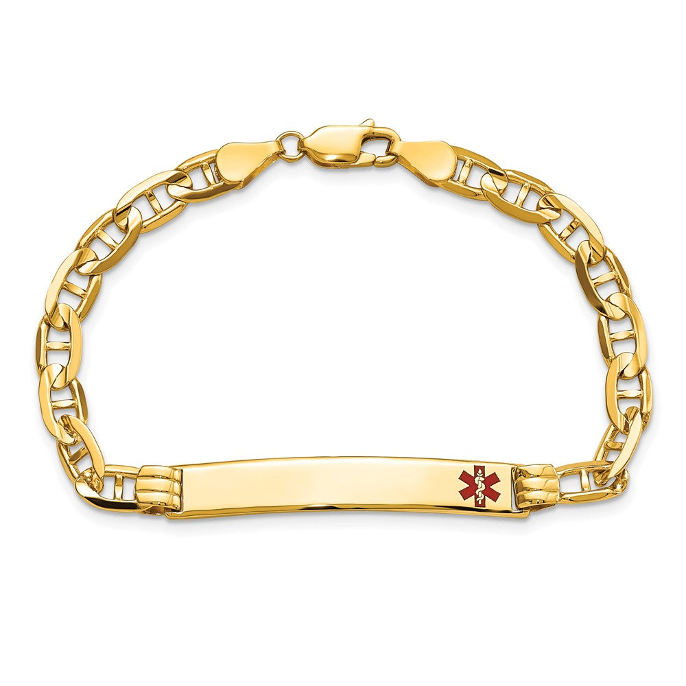 Solid 14K Yellow Gold Medical Red Enamel Anchor ID Bracelet