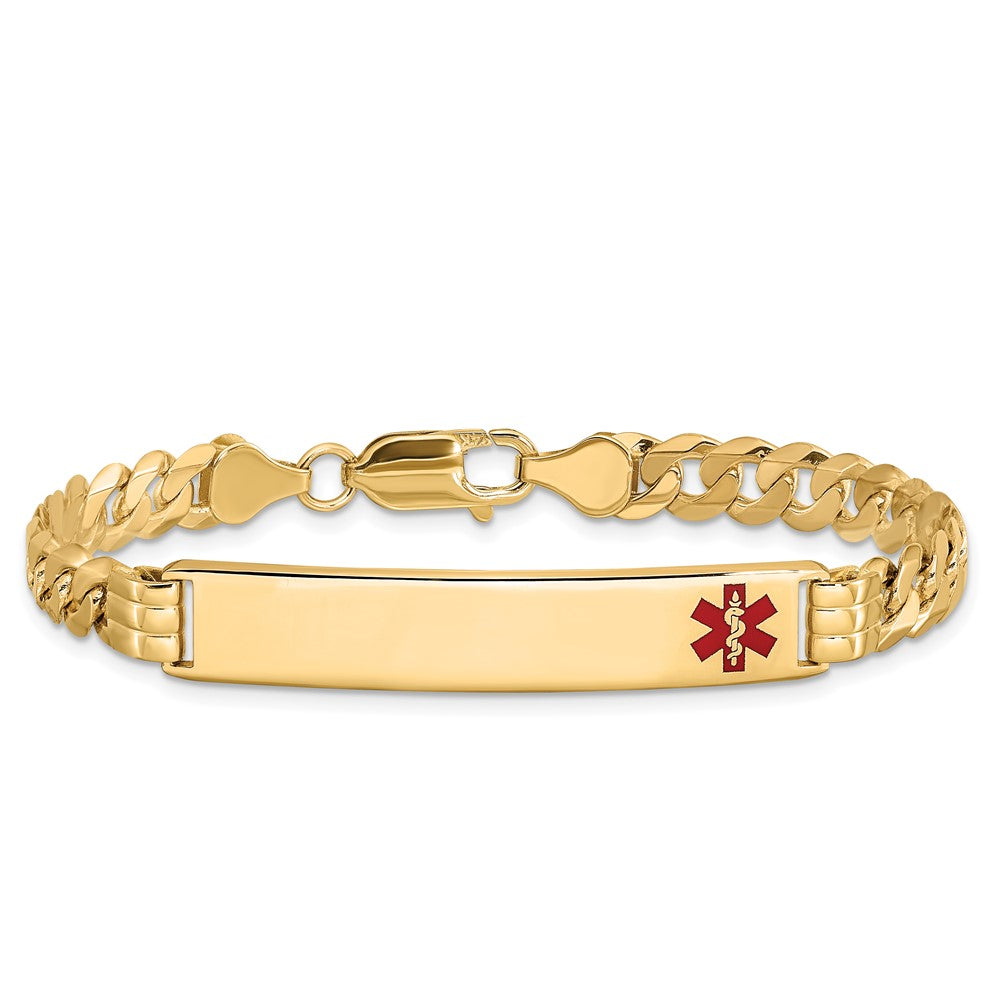 Solid 14K Yellow Gold Medical Red Enamel Curb Link ID Bracelet