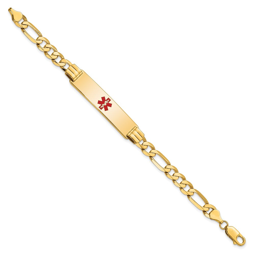 Solid 14K Yellow Gold Medical Red Enamel Flat Figaro Link ID Bracelet