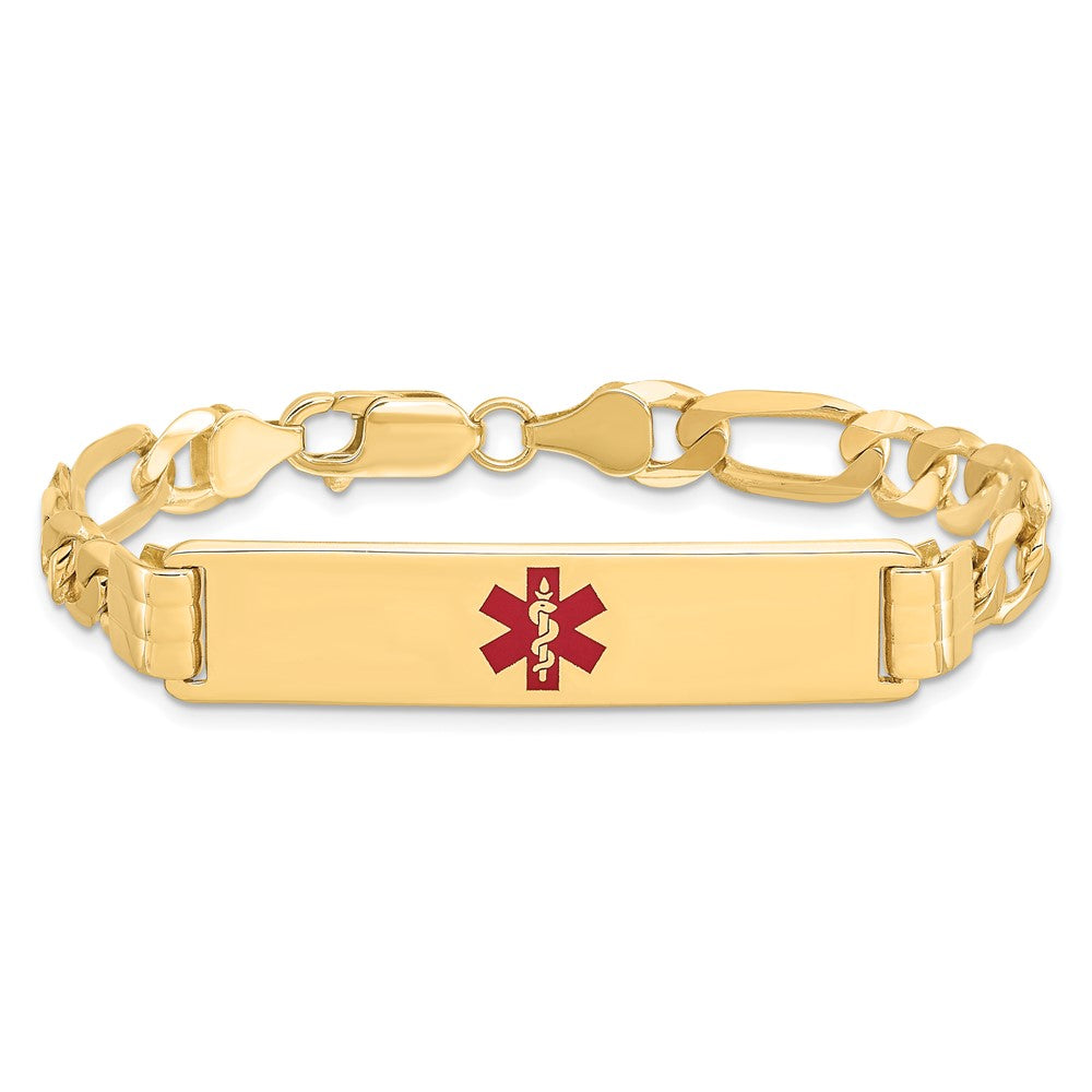 Solid 14K Yellow Gold Medical Red Enamel Flat Figaro Link ID Bracelet