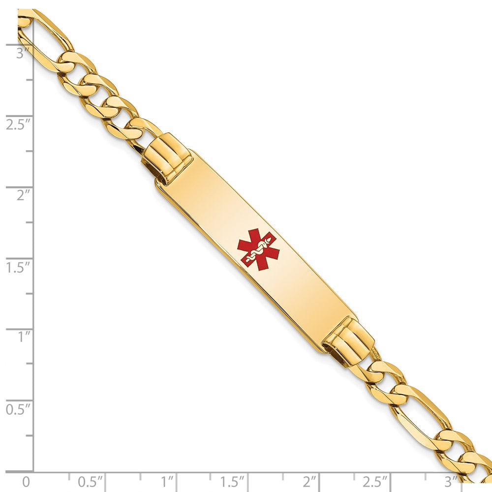 Solid 14K Yellow Gold Medical Red Enamel Flat Figaro Link ID Bracelet