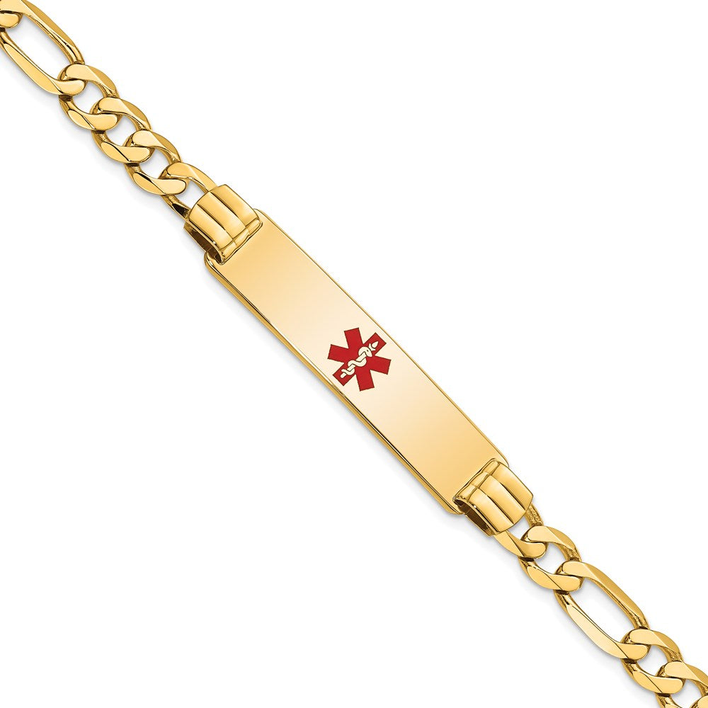 Solid 14K Yellow Gold Medical Red Enamel Flat Figaro Link ID Bracelet