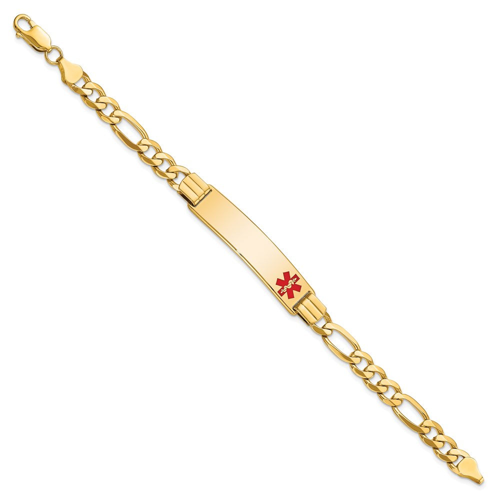 Solid 14K Yellow Gold Medical Red Enamel Flat Figaro Link ID Bracelet