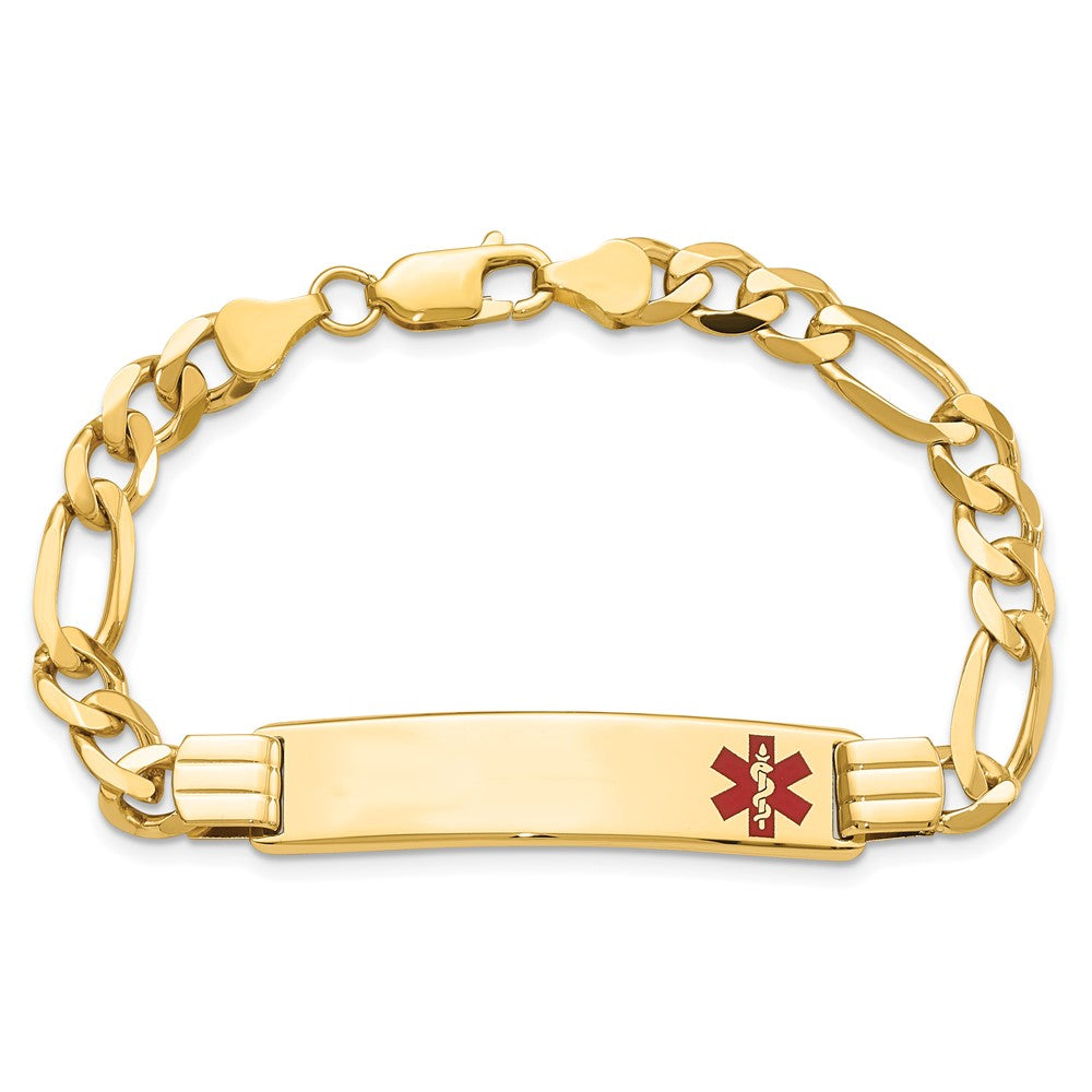 Solid 14K Yellow Gold Medical Red Enamel Flat Figaro Link ID Bracelet