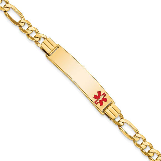 Solid 14K Yellow Gold Medical Red Enamel Flat Figaro Link ID Bracelet