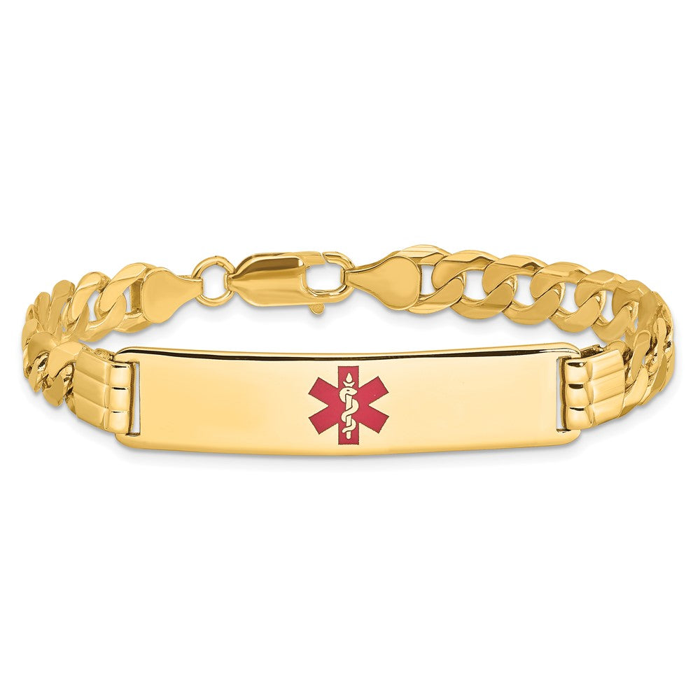 Solid 14K Yellow Gold Medical Red Enamel Curb Link ID Bracelet