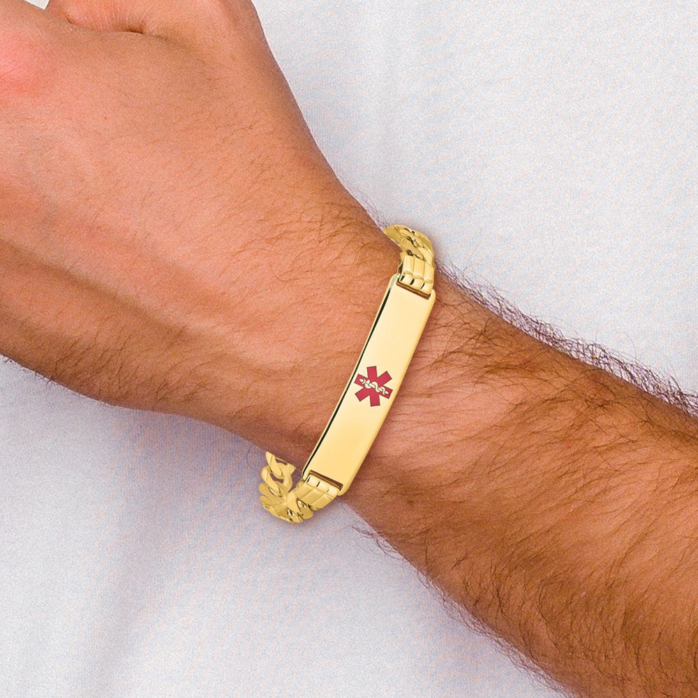 Solid 14K Yellow Gold Medical Red Enamel Curb Link ID Bracelet