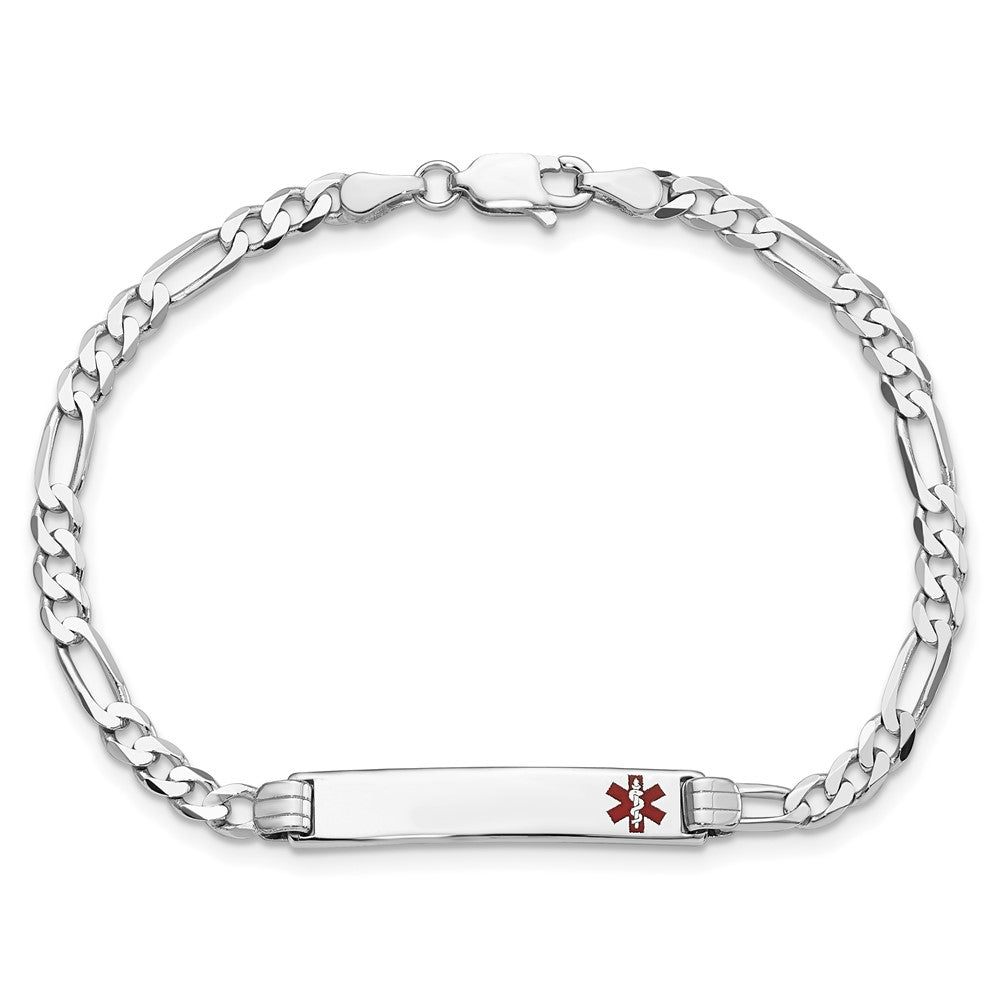 Solid 14K White Gold Medical Red Enamel Figaro Link ID Bracelet