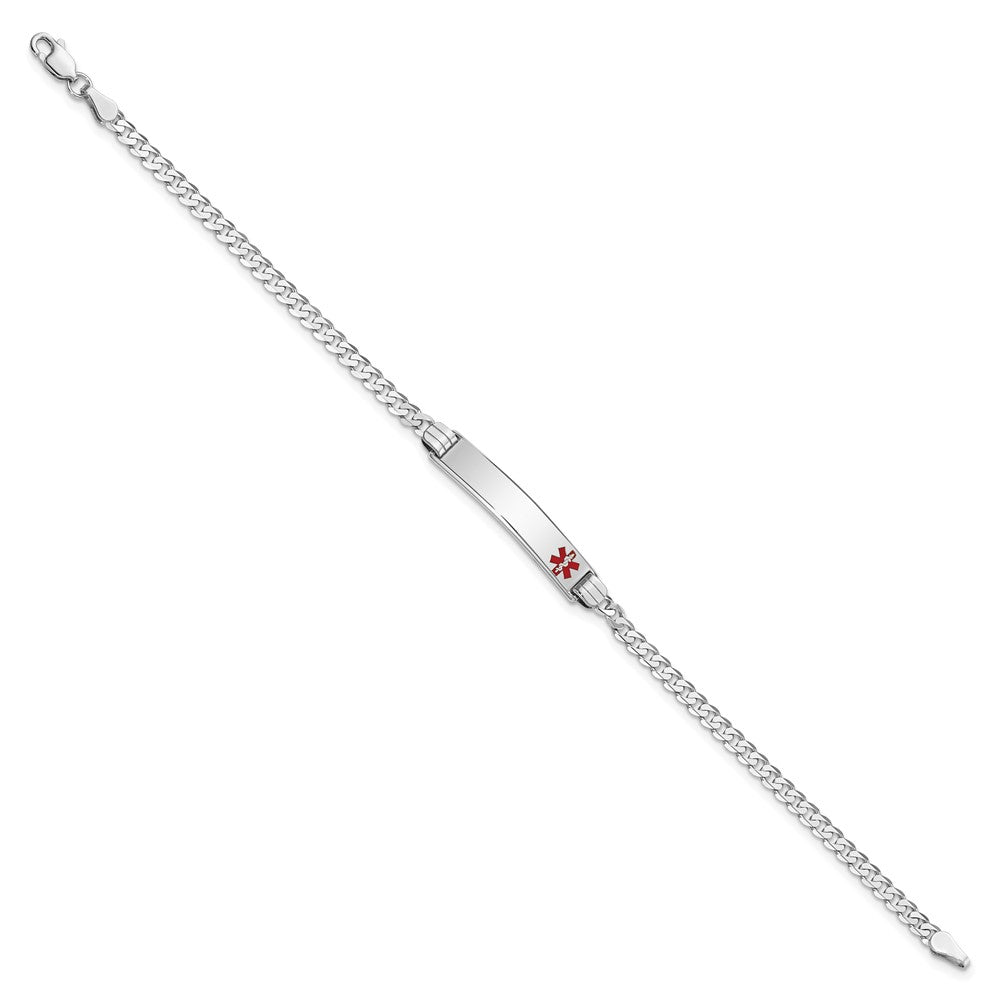 Solid 14K White Gold Medical Red Enamel Flat Curb Link ID Bracelet