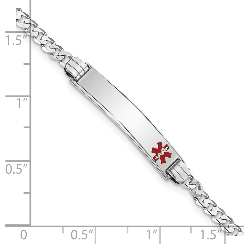 Solid 14K White Gold Medical Red Enamel Flat Curb Link ID Bracelet