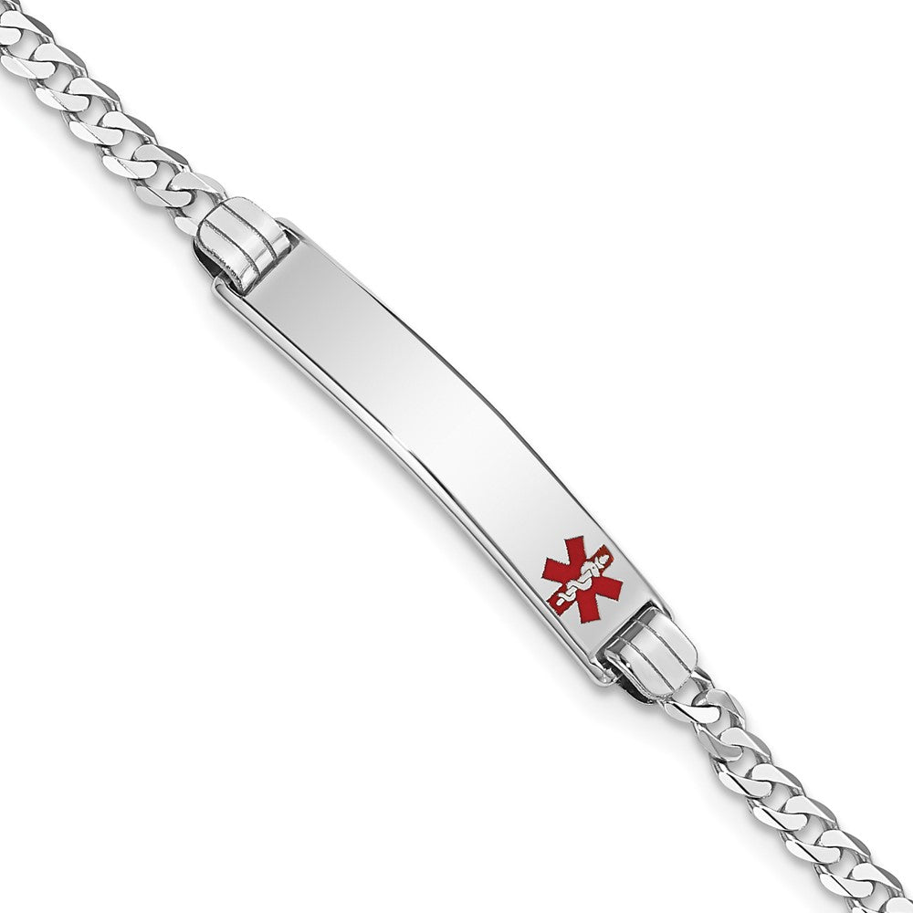 Solid 14K White Gold Medical Red Enamel Flat Curb Link ID Bracelet